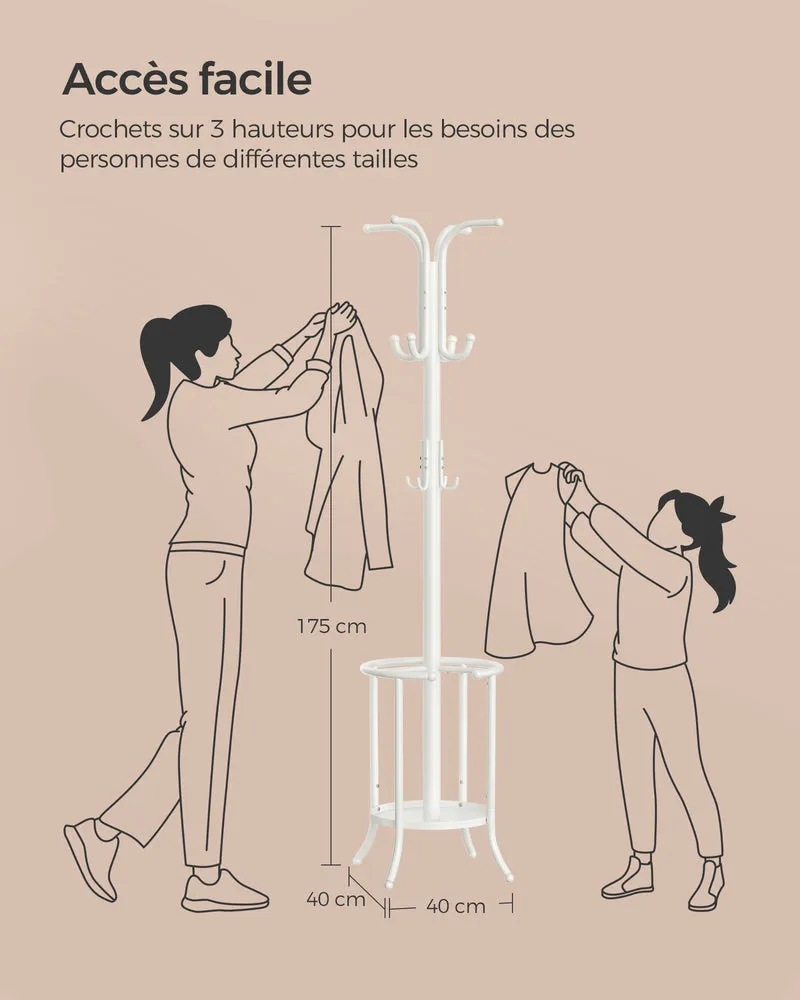 Porte-manteau portant à vêtements avec porte-parapluie 12 crochets structure métallique hauteur 175 cm pour entrée salon chambre blanc 12_0007090