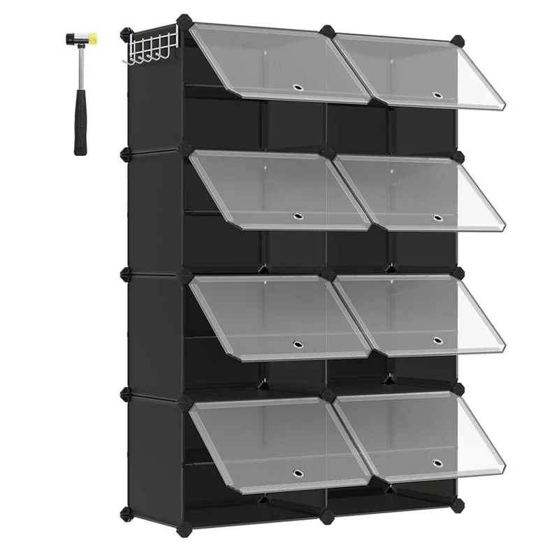 Rangement chaussures 8 compartiments étagère de rangement modulable 32 x 124 x 94 cm avec porte cadre en acier panneaux en plastique noir 12_0007326