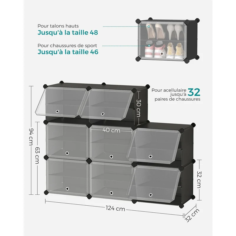 Rangement chaussures 8 compartiments étagère de rangement modulable 32 x 124 x 94 cm avec porte cadre en acier panneaux en plastique noir 12_0007326
