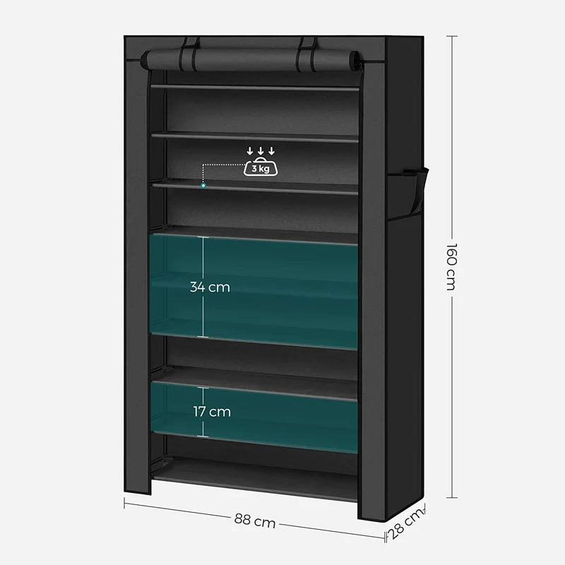 Porte-chaussures à 10 niveaux avec housse anti poussière 88 x 28 x 160 cm étagère à chaussures armoire à chaussures pour 40 paires de chaussures à l'entrée au salon noir 12_0007049