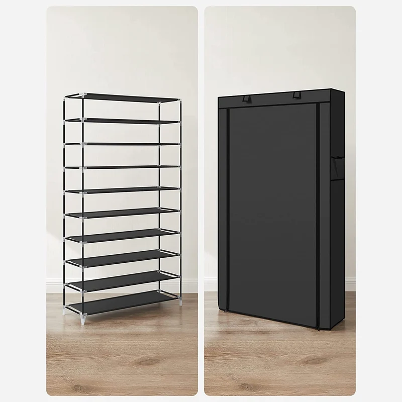 Porte-chaussures à 10 niveaux avec housse anti poussière 88 x 28 x 160 cm étagère à chaussures armoire à chaussures pour 40 paires de chaussures à l'entrée au salon noir 12_0007049