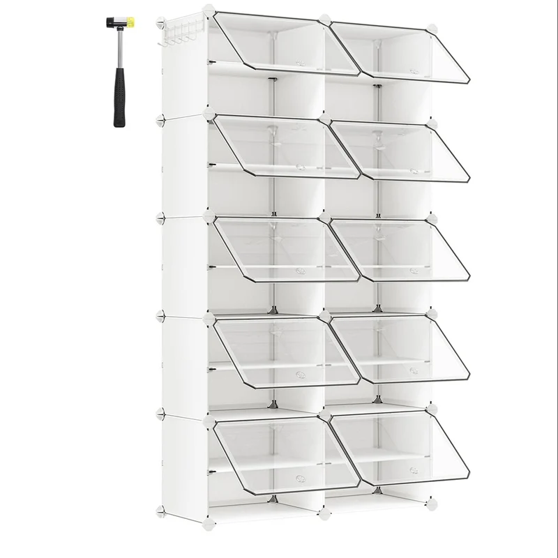 Rangement chaussures 10 compartiments étagère de rangement modulable compartiment de 30 x 40 x 30 cm avec porte cadre en acier panneaux en plastique blanc 12_0007318