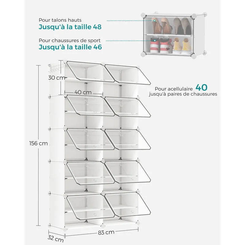 Rangement chaussures 10 compartiments étagère de rangement modulable compartiment de 30 x 40 x 30 cm avec porte cadre en acier panneaux en plastique blanc 12_0007318
