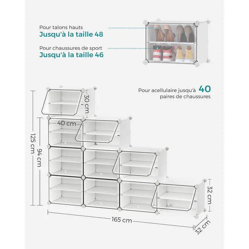 Rangement chaussures 10 compartiments étagère de rangement modulable compartiment de 30 x 40 x 30 cm avec porte cadre en acier panneaux en plastique blanc 12_0007318