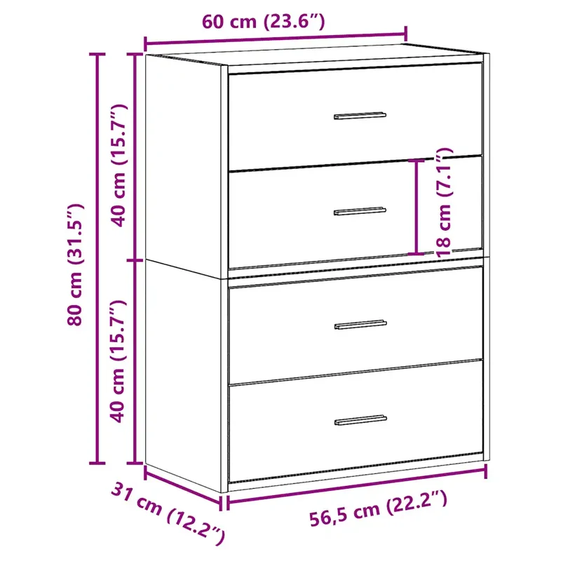 Lot de 2 armoires de rangement empilables 60 x 31 x 40 cm avec 2 tiroirs pratique style contemporain en bois d'ingénierie chêne artisanal 02_0051204