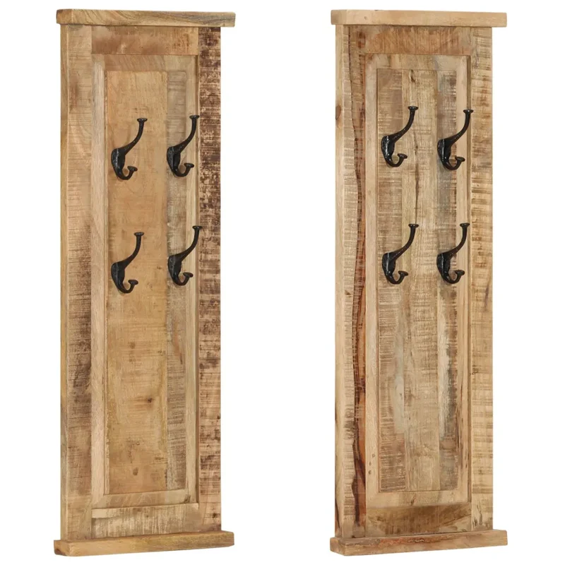 Lot de 2 porte-manteaux muraux vintage en bois de manguier massif 38 x 100 cm avec crochets robustes en fer en bois marron 02_0046939