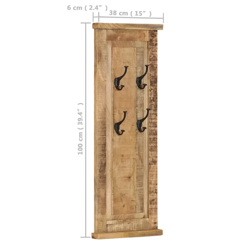 Lot de 2 porte-manteaux muraux vintage en bois de manguier massif 38 x 100 cm avec crochets robustes en fer en bois marron 02_0046939