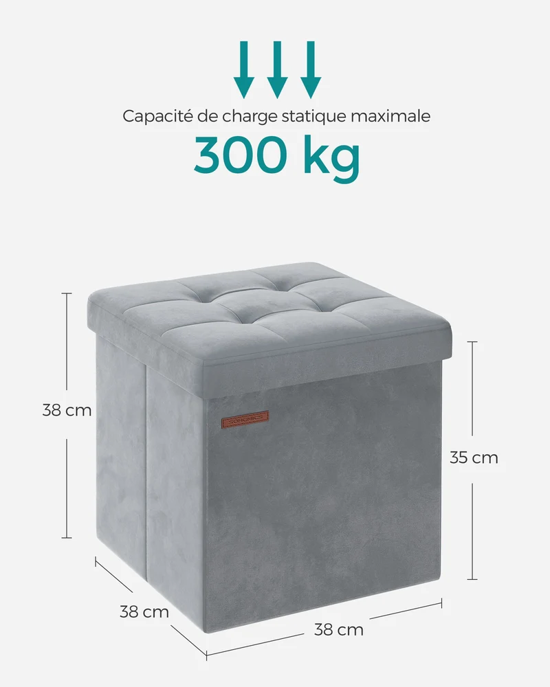 Banc de rangement boîte pliable en velours repose-pieds avec couvercle 31 x 41 x 31 cm capacité de charge 130 kg pour couloir salon gris 12_0004141