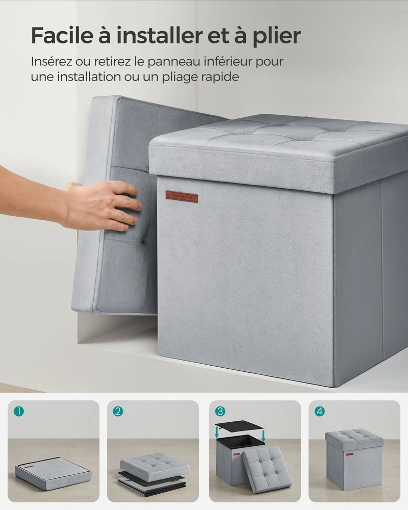 Banc de rangement boîte pliable en velours repose-pieds avec couvercle 31 x 41 x 31 cm capacité de charge 130 kg pour couloir salon gris 12_0004141