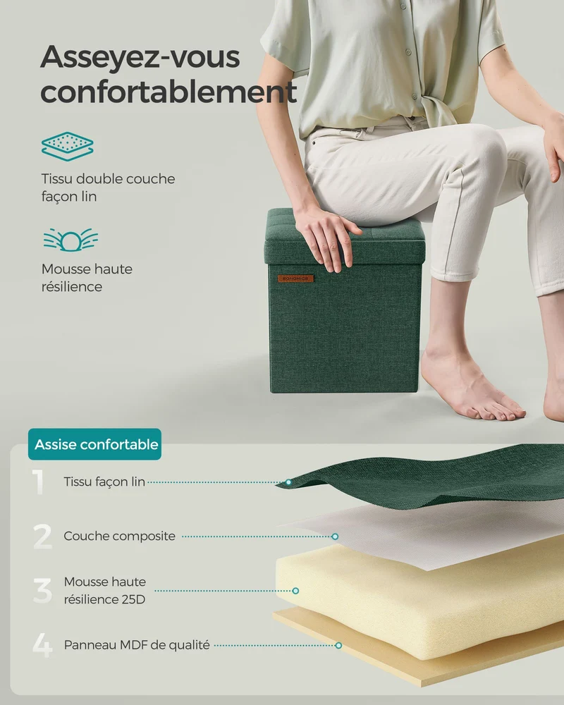 Banc coffre rangement tabouret repose-pieds pouf intérieur siège pour salon chambre entrée vert 12_0004128