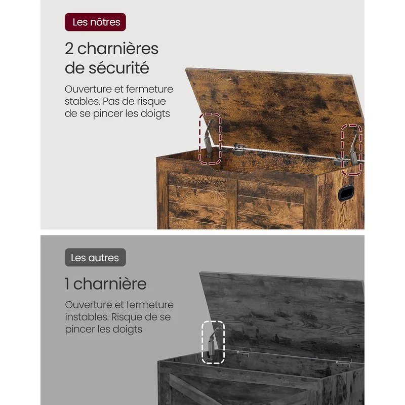 Coffre de rangement intérieur banc à chaussures pouf banquette rangement pour jouet enfant avec charnières de sécurité style moderne 100 x 40 x 46 cm marron 12_0005146