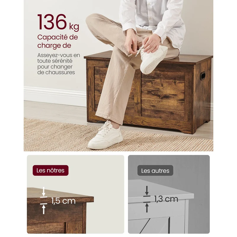Coffre de rangement intérieur banc à chaussures pouf banquette rangement pour jouet enfant avec charnières de sécurité style moderne 100 x 40 x 46 cm marron 12_0005146