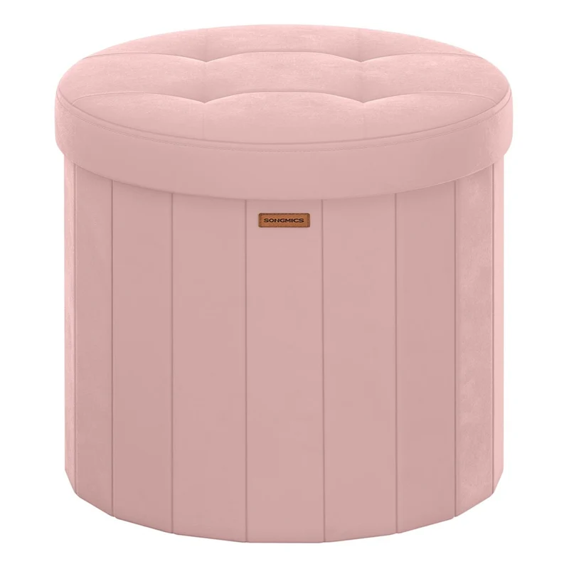 Tabouret de rangement rond repose-pieds avec couvercle amovible pliable montage facile en tissu peluche teddy pour chambre salon entrée rose 12_0006352