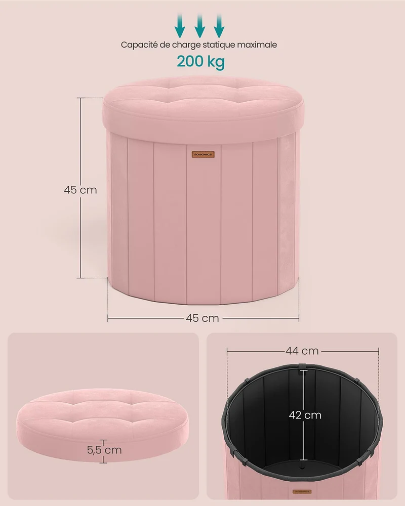 Tabouret de rangement rond repose-pieds avec couvercle amovible pliable montage facile en tissu peluche teddy pour chambre salon entrée rose 12_0006352
