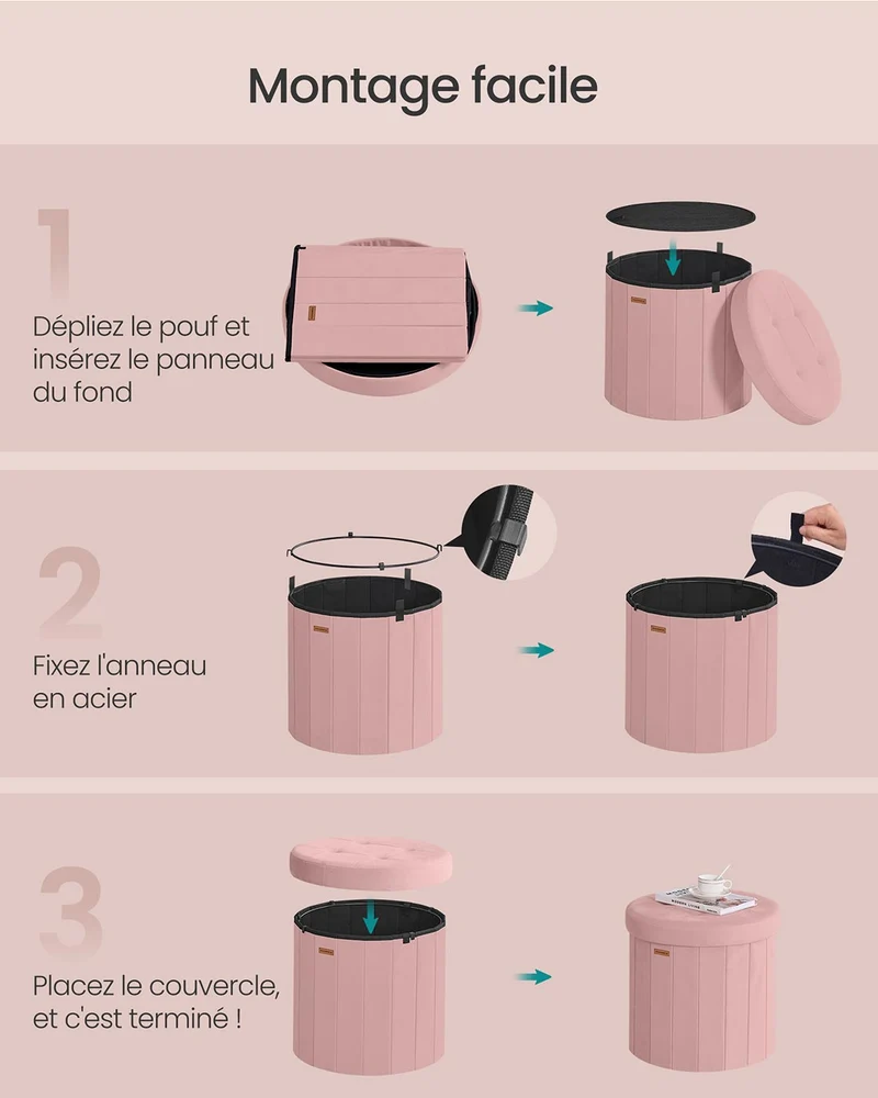 Tabouret de rangement rond repose-pieds avec couvercle amovible pliable montage facile en tissu peluche teddy pour chambre salon entrée rose 12_0006352