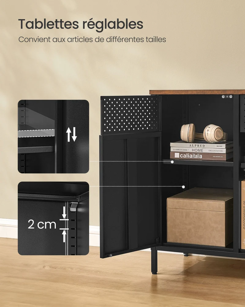 Armoire de rangement meuble en métal placard à double portes buffet fermeture magnétique étagères réglables cadre en acier marron rustique et noir mat lsc204b01 12_0003996