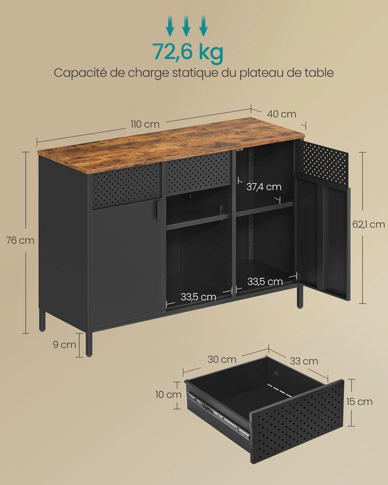 Armoire de rangement meuble en métal placard à double portes buffet fermeture magnétique étagères réglables cadre en acier marron rustique et noir mat lsc204b01 12_0003996
