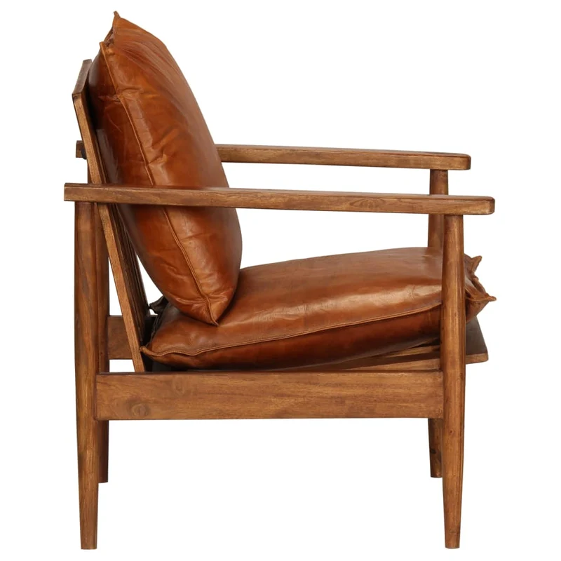 Fauteuil chaise siège lounge design club sofa salon cuir véritable avec bois d'acacia marron 1102146/3