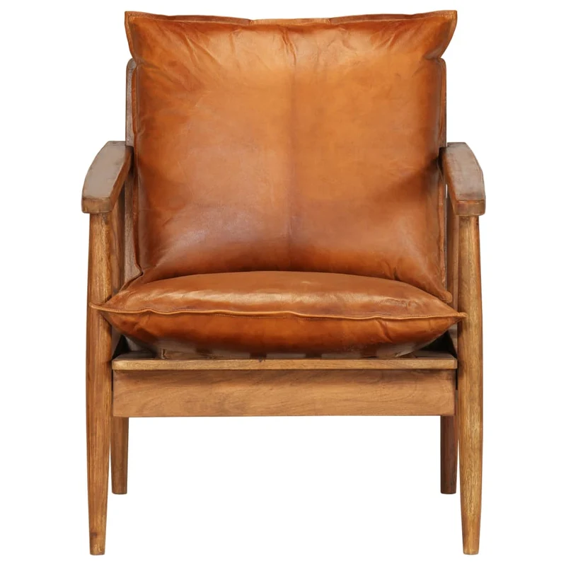 Fauteuil chaise siège lounge design club sofa salon cuir véritable avec bois d'acacia marron 1102146/3