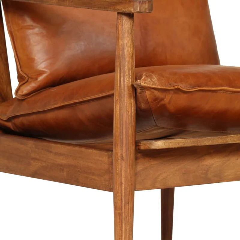 Fauteuil chaise siège lounge design club sofa salon cuir véritable avec bois d'acacia marron 1102146/3