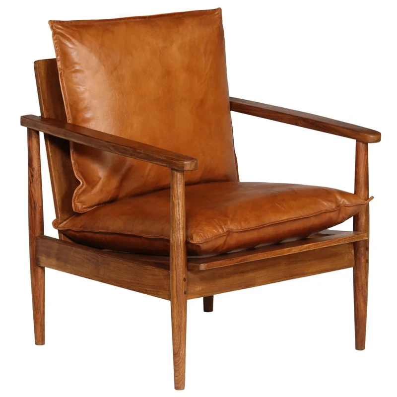 Fauteuil chaise siège lounge design club sofa salon cuir véritable avec bois d'acacia marron 1102146/3