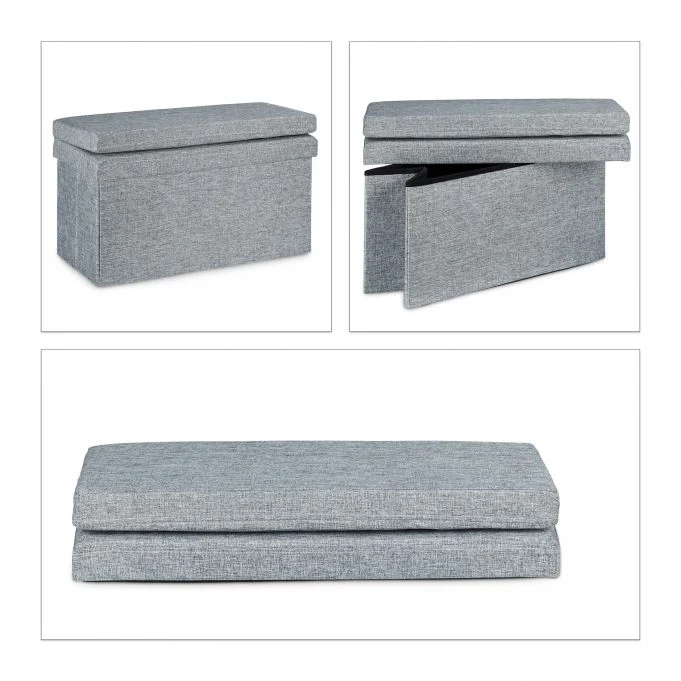 Tabouret pouf coffre de rangement pliant en lin 76 cm gris 13_0002782