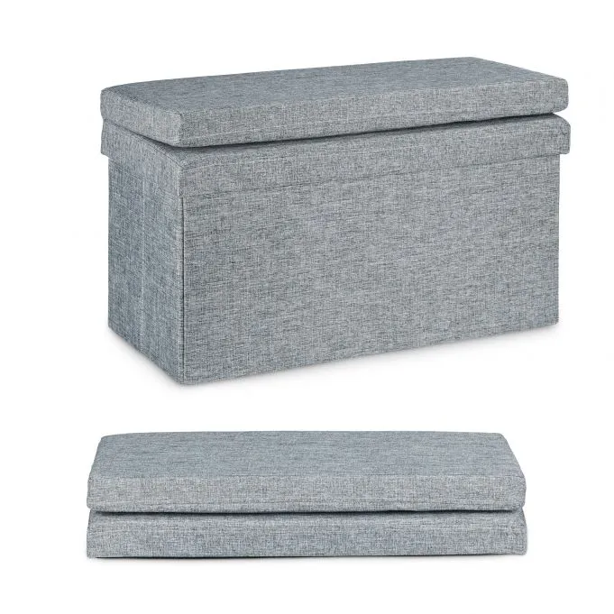 Tabouret pouf coffre de rangement pliant en lin 76 cm gris 13_0002782