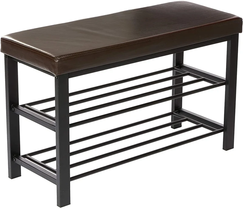 Banc de rangement à chaussures meuble assise tabouret en synthétique 2 niveaux marron 13_0000360