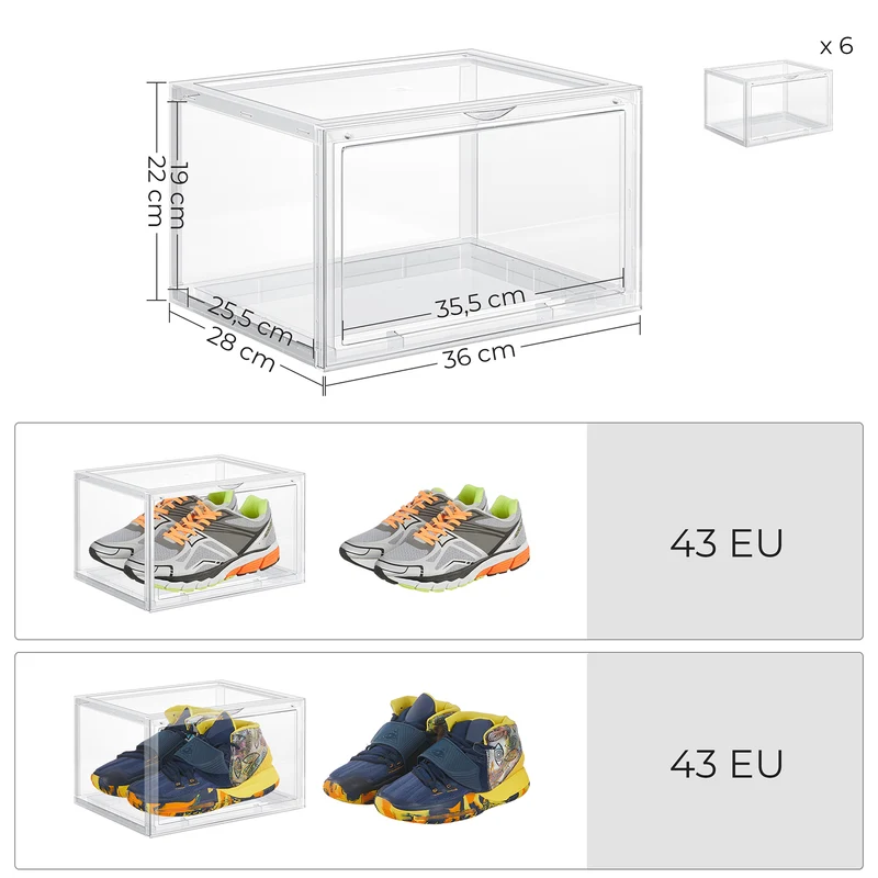 Boîte à chaussures organisateur à chaussures lot de 6 empilable rangement de chaussures en plastique avec ouverture 28 x 36 x 22 cm jusqu’à la pointure de 46 noir 12_0004354