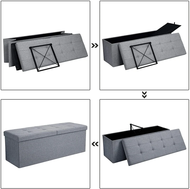 Coffre de rangement banc de rangement avec couvercle pliant pouf pliable pour lit chambre couloir gain d'espace 120 litres 300 kg de charge statique max rembourré gris clair 12_0000221