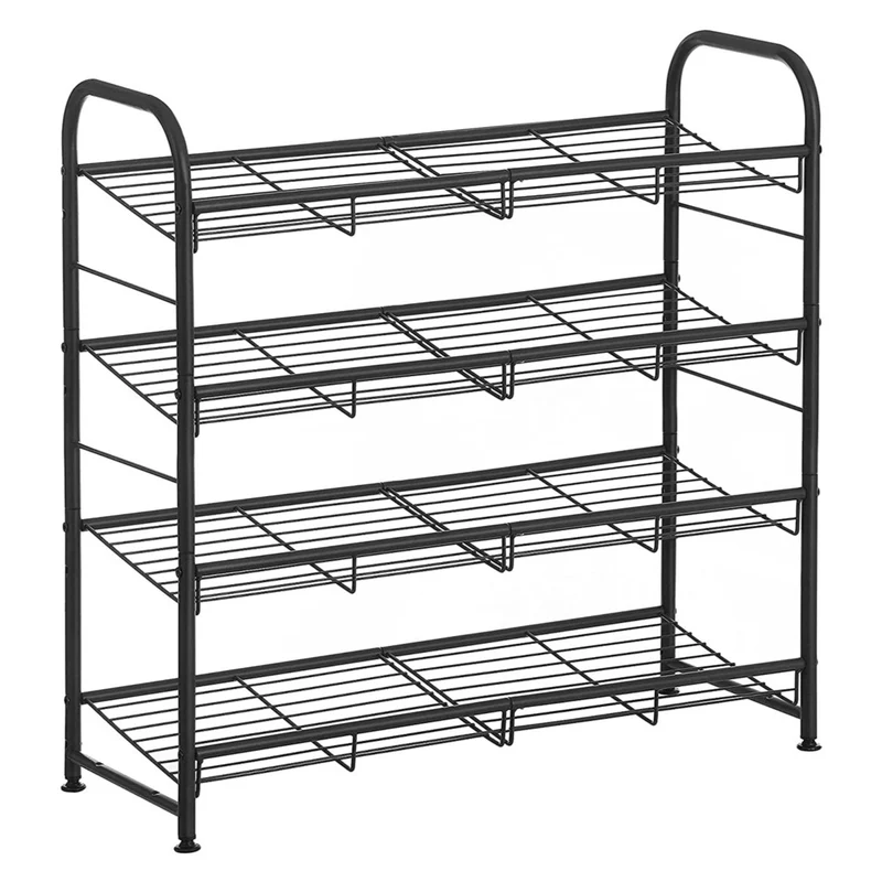 Meuble à chaussures à 4 niveaux étagère rangement empilable jusqu'à 16 paires en métal 68,5 cm pour talons hauts baskets pantoufles dans entrée noir 12_0002621