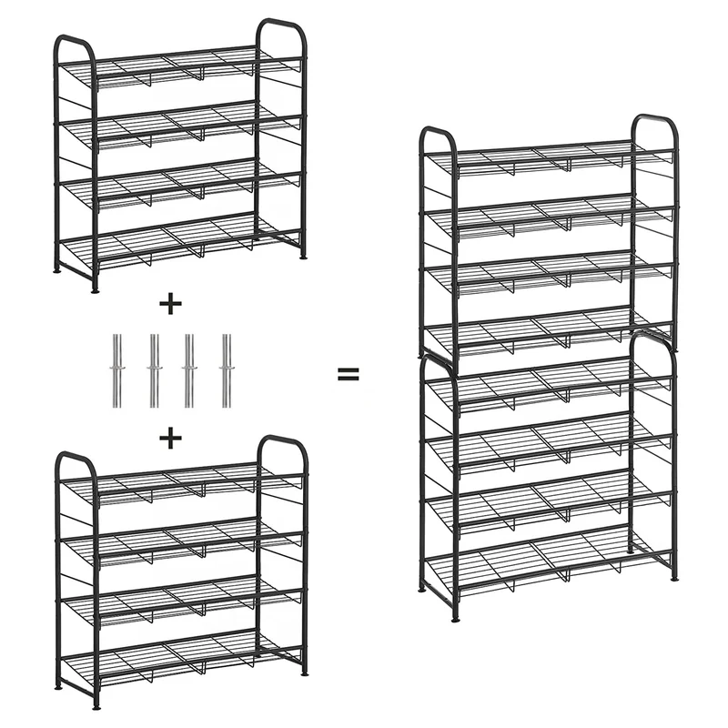 Meuble à chaussures à 4 niveaux étagère rangement empilable jusqu'à 16 paires en métal 68,5 cm pour talons hauts baskets pantoufles dans entrée noir 12_0002621