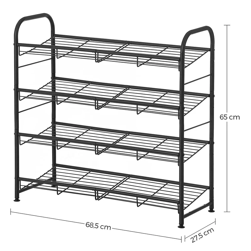 Meuble à chaussures à 4 niveaux étagère rangement empilable jusqu'à 16 paires en métal 68,5 cm pour talons hauts baskets pantoufles dans entrée noir 12_0002621