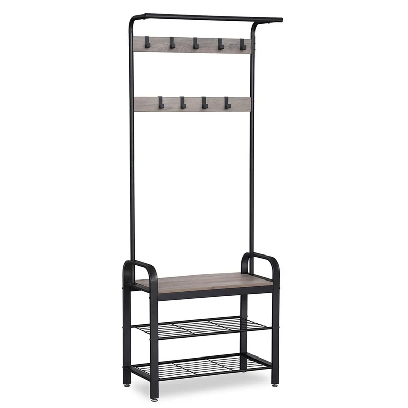 Portemanteau vestiaire meuble d’entrée avec crochets amovible banc et étagère à chaussures hauteur 183 cm cadre en métal style industriel couleur grège et noir 12_0003649