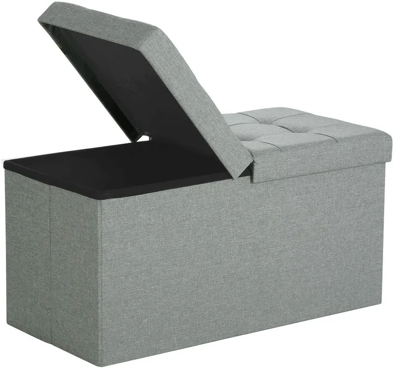 Banc avec espace de rangement coffre de rangement avec couvercle pliable capacité de charge 300 kg 80 litres 76 x 38 x 38 cm imitation lin gris clair chiné 12_0000427