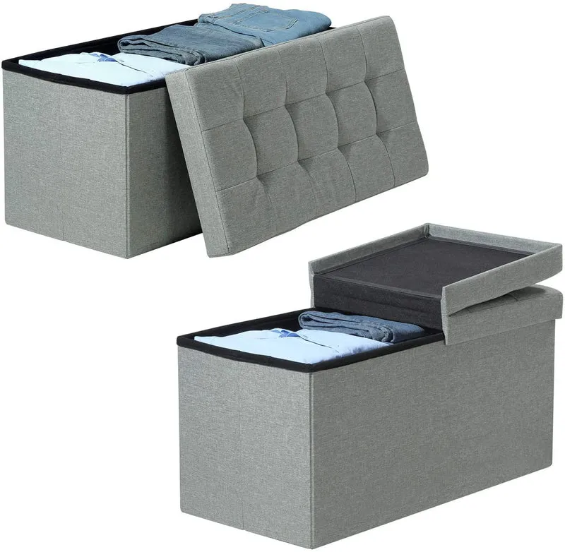 Banc avec espace de rangement coffre de rangement avec couvercle pliable capacité de charge 300 kg 80 litres 76 x 38 x 38 cm imitation lin gris clair chiné 12_0000427