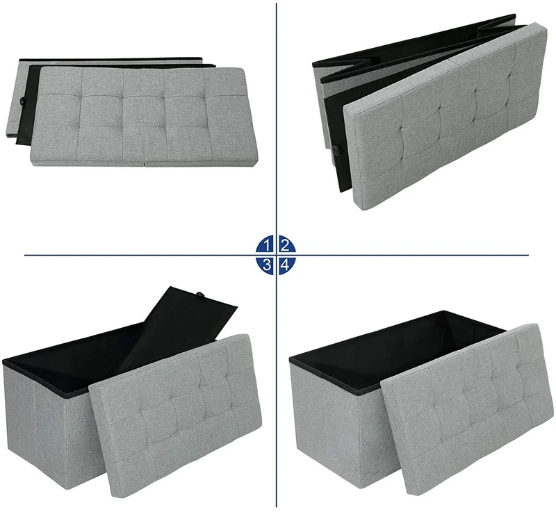Banc avec espace de rangement coffre de rangement avec couvercle pliable capacité de charge 300 kg 80 litres 76 x 38 x 38 cm imitation lin gris clair chiné 12_0000427