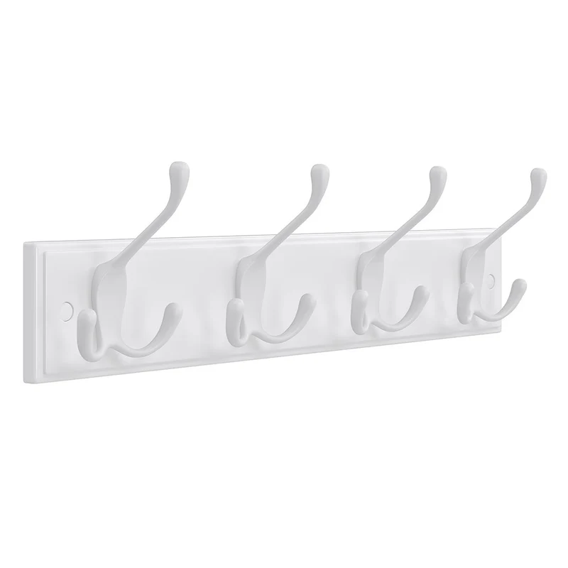 Porte-manteau mural portant à vêtement avec 4 crochets pour chapeaux écharpes parapluies clés pour entrée salle de bain 40 cm blanc 12_0002688