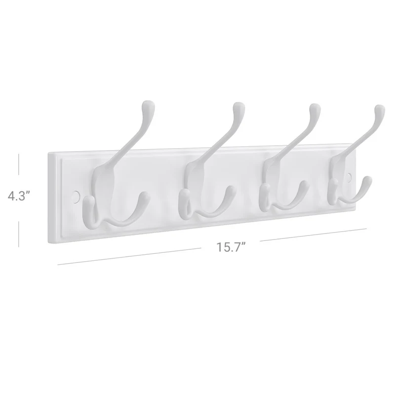 Porte-manteau mural portant à vêtement avec 4 crochets pour chapeaux écharpes parapluies clés pour entrée salle de bain 40 cm blanc 12_0002688