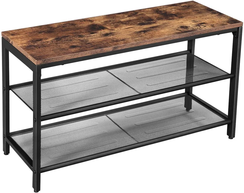 Banc à chaussures avec siège meuble à chaussures à 2 niveaux en maille rangement chaussures pour entrée couloir métal style industriel 80 cm marron rustique 12_0000215
