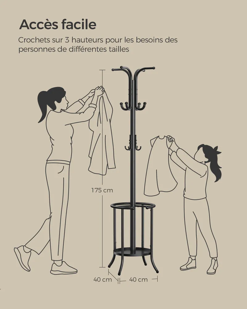 Porte-manteau portant à vêtements avec porte-parapluie 12 crochets structure métallique 40 x 40 x 175 cm pour entrée salon chambre noir 12_0007089