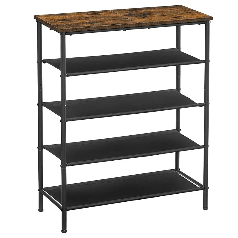 étagère à chaussures porte-chaussures 5 niveaux fin cadre en métal 4 étagères en tissu polyester pour entrée couloir style industriel marron rustique et noir 12_0003158