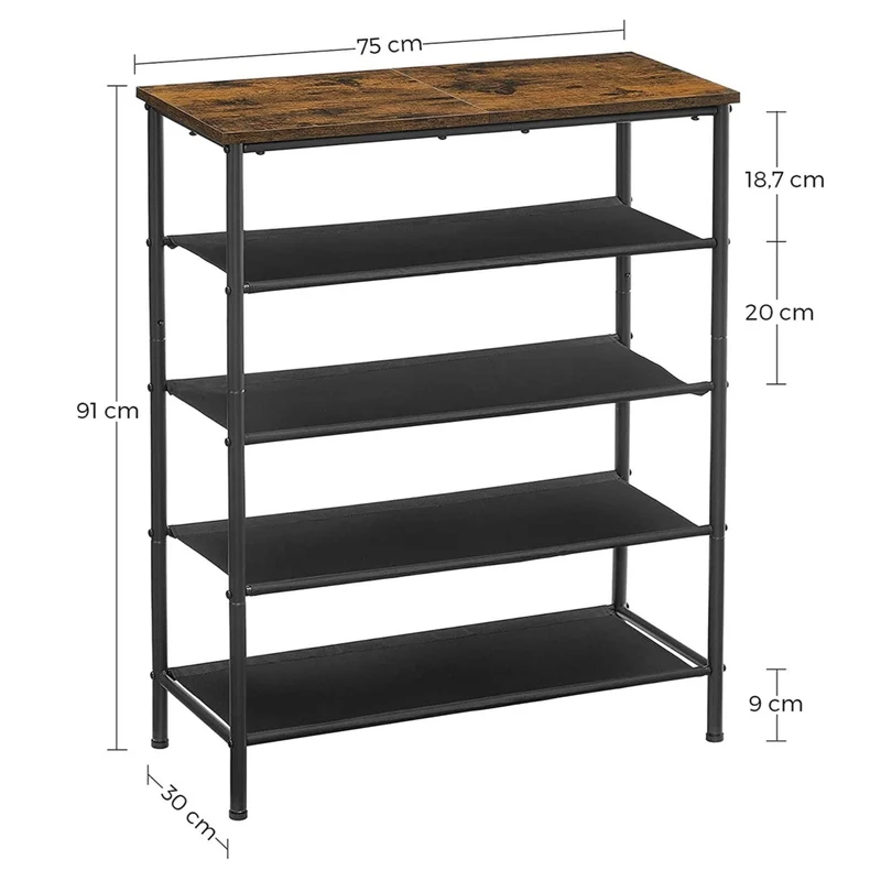 étagère à chaussures porte-chaussures 5 niveaux fin cadre en métal 4 étagères en tissu polyester pour entrée couloir style industriel marron rustique et noir 12_0003158