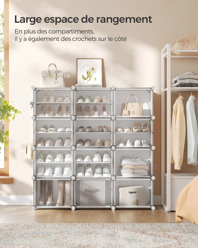 Rangement chaussures 6 compartiments étagère de rangement modulable compartiment de 30 x 40 x 30 cm avec porte cadre en acier panneaux en plastique blanc 12_0007325