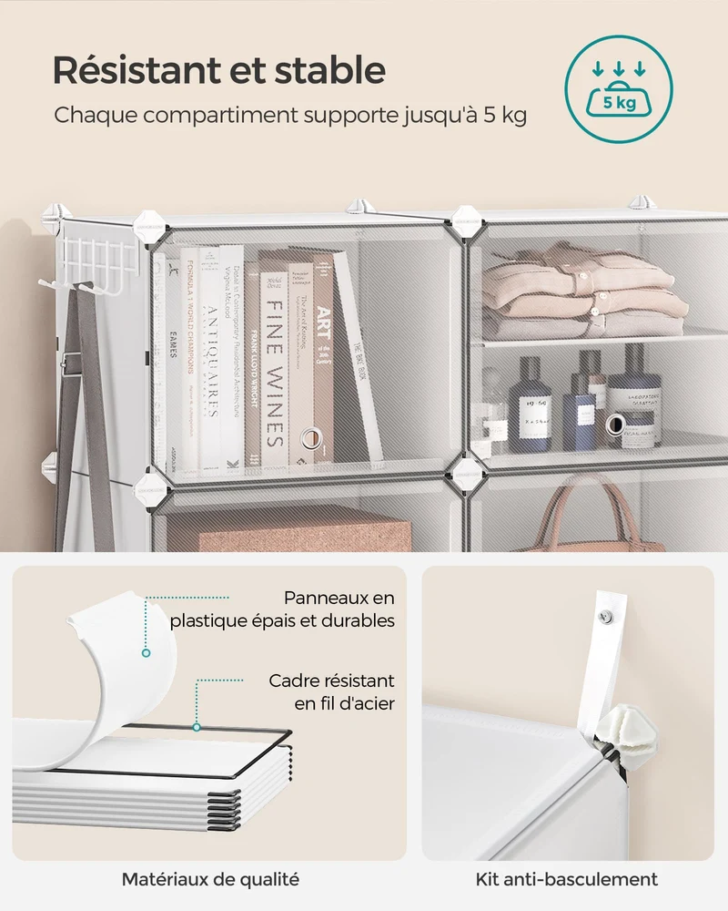 Rangement chaussures 6 compartiments étagère de rangement modulable compartiment de 30 x 40 x 30 cm avec porte cadre en acier panneaux en plastique blanc 12_0007325