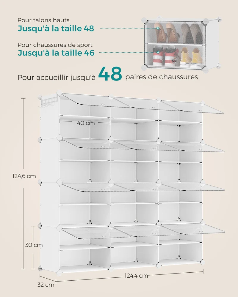 Rangement chaussures 6 compartiments étagère de rangement modulable compartiment de 30 x 40 x 30 cm avec porte cadre en acier panneaux en plastique blanc 12_0007325