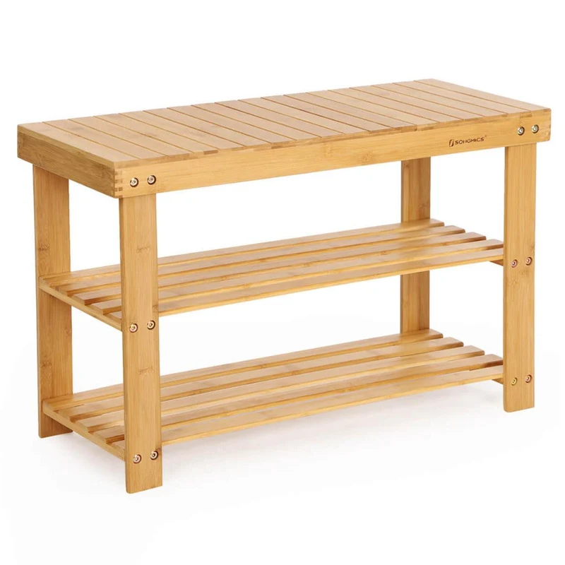 Banc étagère à chaussures en bambou naturel 3 niveaux charge admissible: 120 kg idéal pour l'entrée salle de bain salon couloir 12_0002667