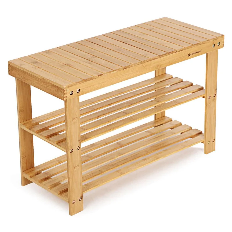 Banc étagère à chaussures en bambou naturel 3 niveaux charge admissible: 120 kg idéal pour l'entrée salle de bain salon couloir 12_0002667