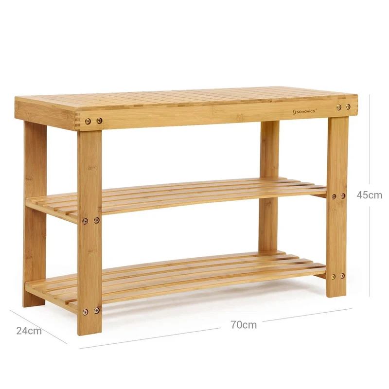 Banc étagère à chaussures en bambou naturel 3 niveaux charge admissible: 120 kg idéal pour l'entrée salle de bain salon couloir 12_0002667