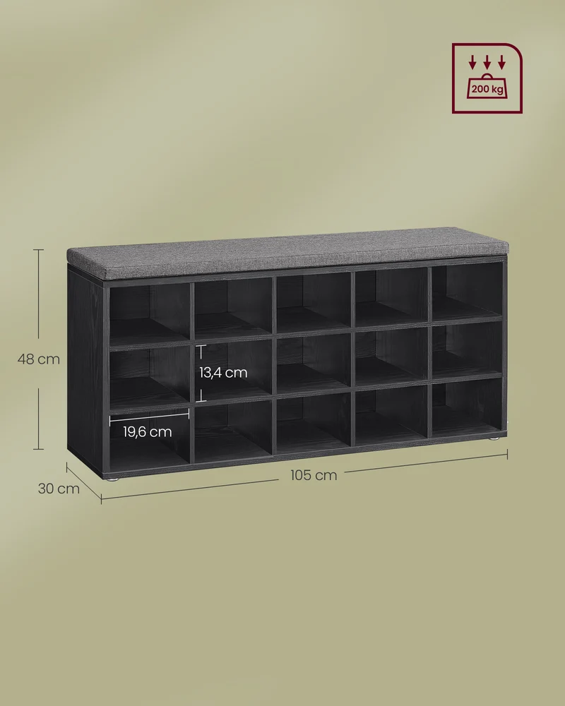 Banc à chaussures meuble d’entrée 30 x 105 x 48 cm avec siège étagère à chaussures avec coussin et 9 compartiments étagères réglables pour couloir salon noir 12_0004103